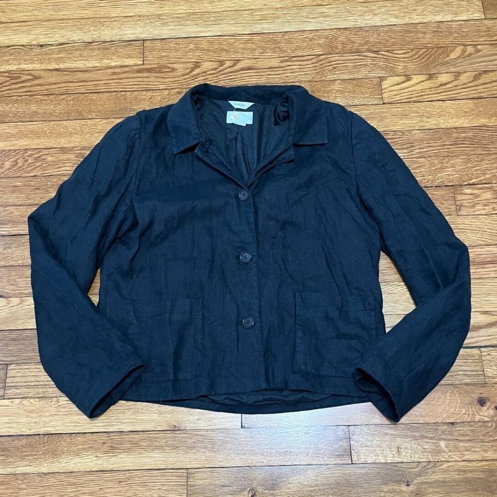 Talbots Blazer Jacket Women's 10 Black Irish Linen Long Sleeve Lined Pockets